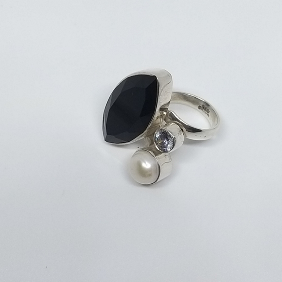 .925 Silver ring marquise cut cristal round zircon & faux pearl - Picture 2 of 6